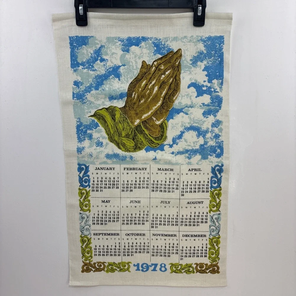 Vintage 1978 Kitchen Tea Towel Praying Hands Clouds Blue‎ And Green 16x27
